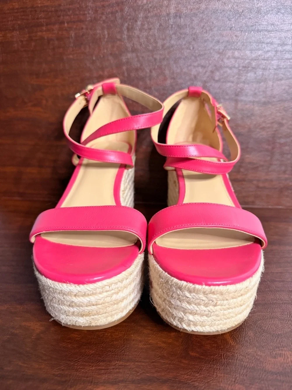Michael Kors Women’s Hot Pink Espadrille Wedge Sandals Size 8.5 Gold Accents